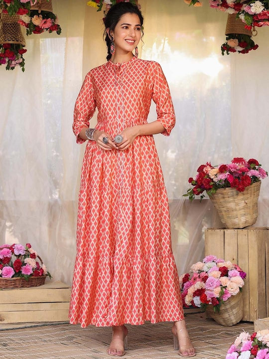 Scakhi Women Orange Printed Anarkali Kurta