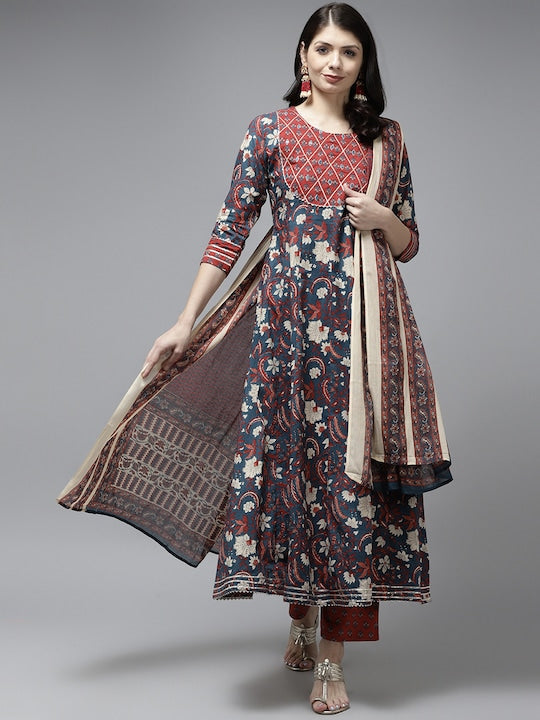 Yufta Women Navy Blue Ethnic Motifs Printed Pleated Gotta Patti Pure Cotton Kurta with Palazzos & With