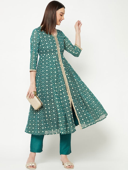 IMARA Floral Printed Mirror Work Panelled A-Line Kurta With Trousers