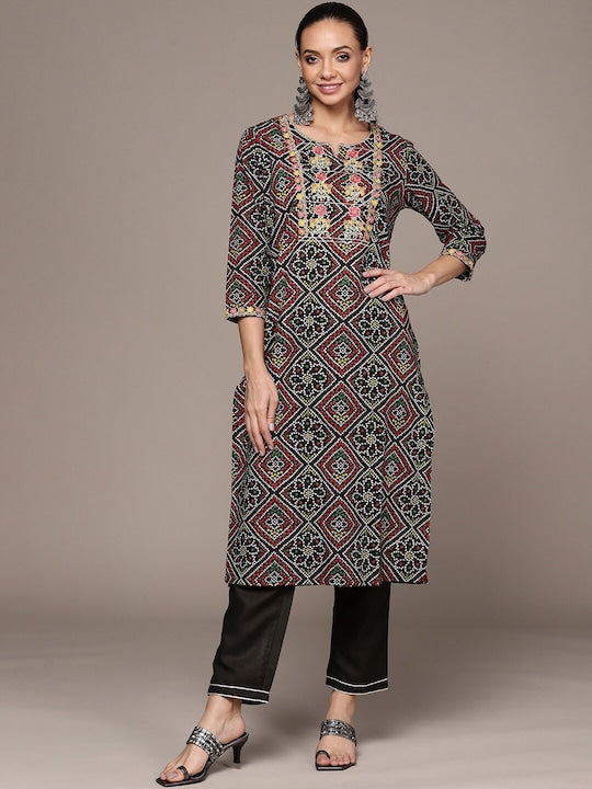 Anubhutee Bandhani Printed Thread Work Pure Cotton Kurta With Trousers - M