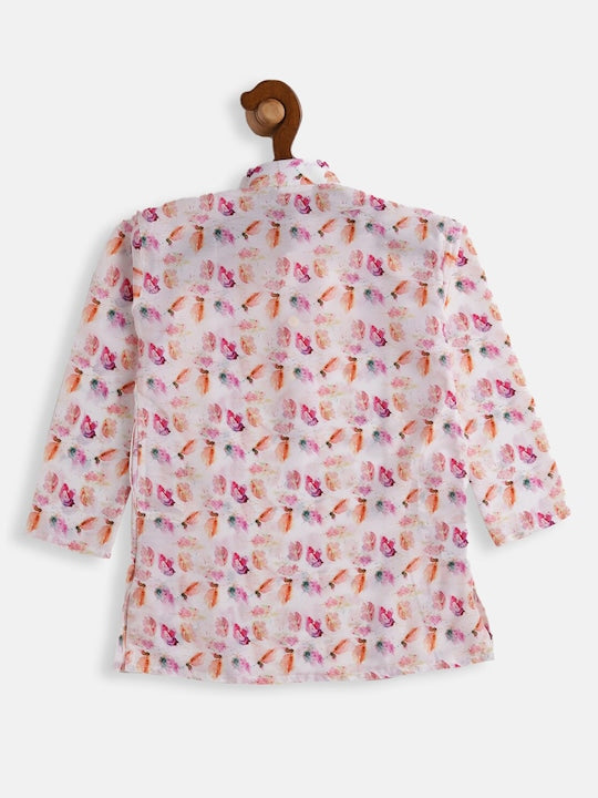Vastramay Sishu Boys White & Pink Quirky Printed Regular Kurta