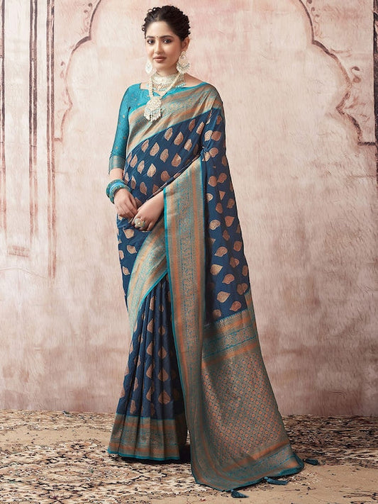 Satrani Ethnic Motifs Woven Design Zari Banarasi Saree
