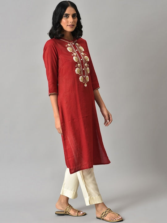 Aurelia Women Red Embroidered Liva Kurta with Beige Trouser Pants