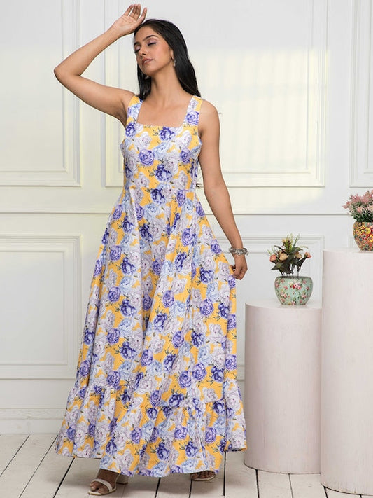 Myshka Floral Printed Square Neck Sleeveless A-Line Dress