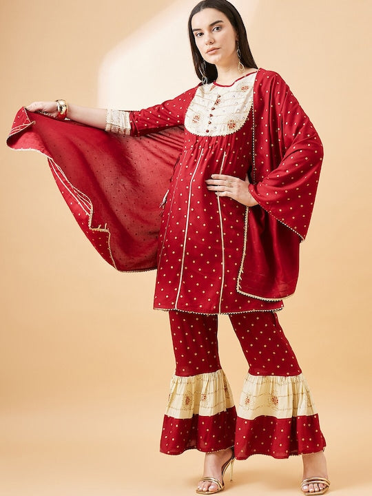 Sangria Polka Dots Printed Gotta Patti A-Line Kurta With Sharara & Dupatta