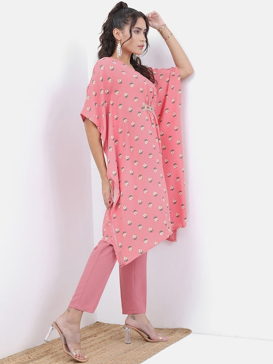 Vishudh Pink Floral Printed V-neck Kaftan With Trouser