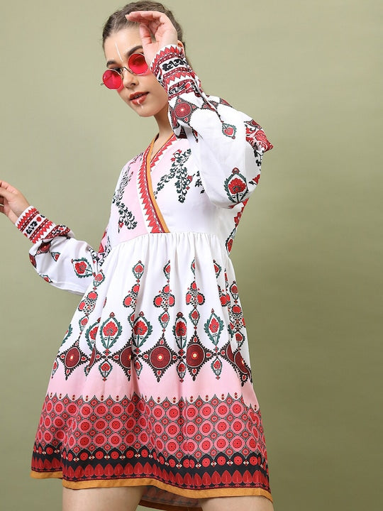 Vishudh Women White & Maroon Printed Fit And Flared Dress