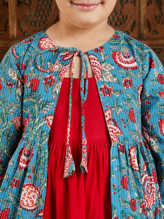 Vastramay Cotton Fit & Flared Dress With Printed Jacket