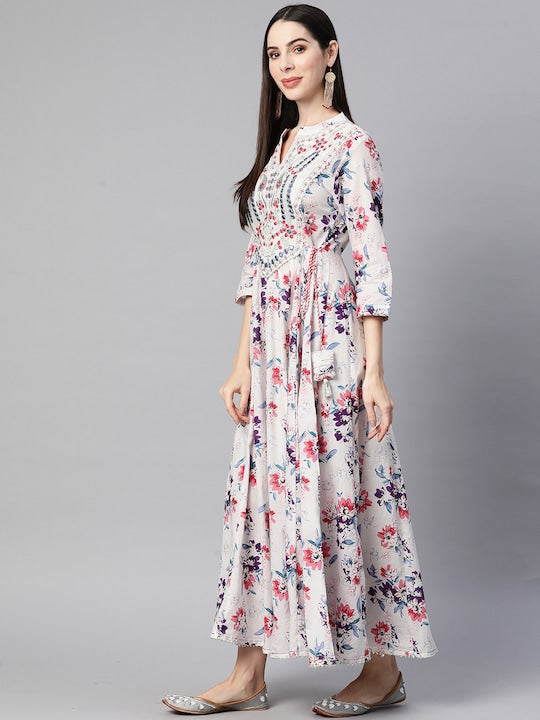 Readiprint Fashions White & Pink Floral Ethnic Gown