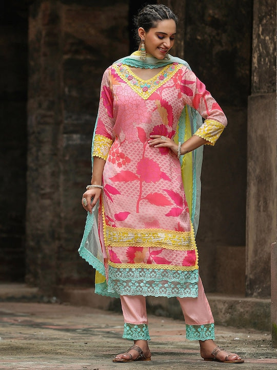Scakhi Floral Printed Regular Kurta with Trousers & Dupatta