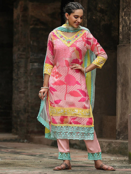 Scakhi Floral Printed Regular Kurta with Trousers & Dupatta