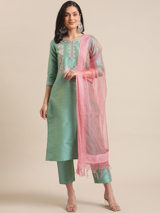Varanga Women Sea Green Woven Design Kurta with Trousers & With Dupatta
