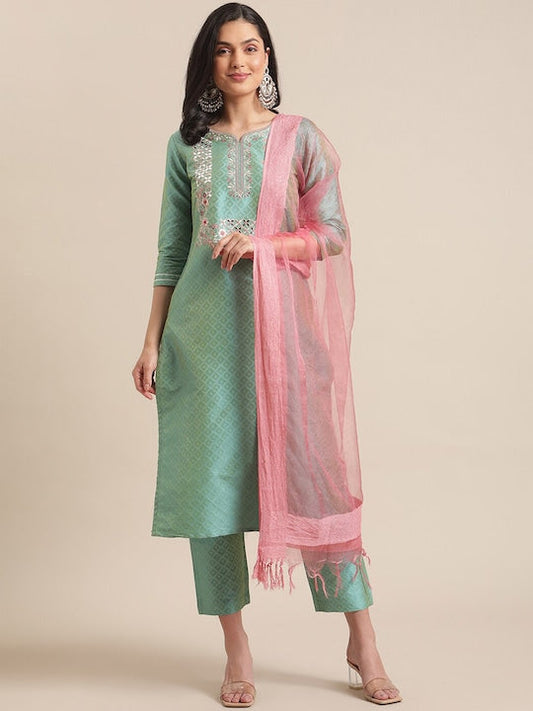 Varanga Women Sea Green Woven Design Kurta with Trousers & With Dupatta