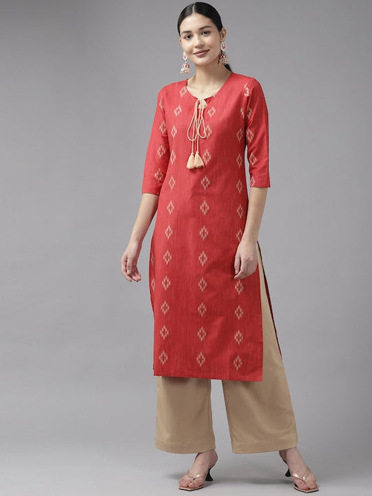 Yufta Women Woven Design Straight Kurta Red