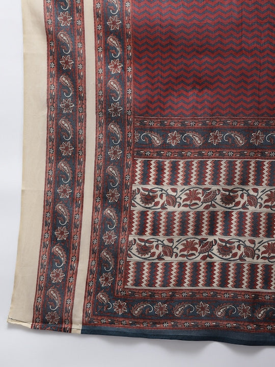 Yufta Women Navy Blue Ethnic Motifs Printed Pleated Gotta Patti Pure Cotton Kurta with Palazzos & With