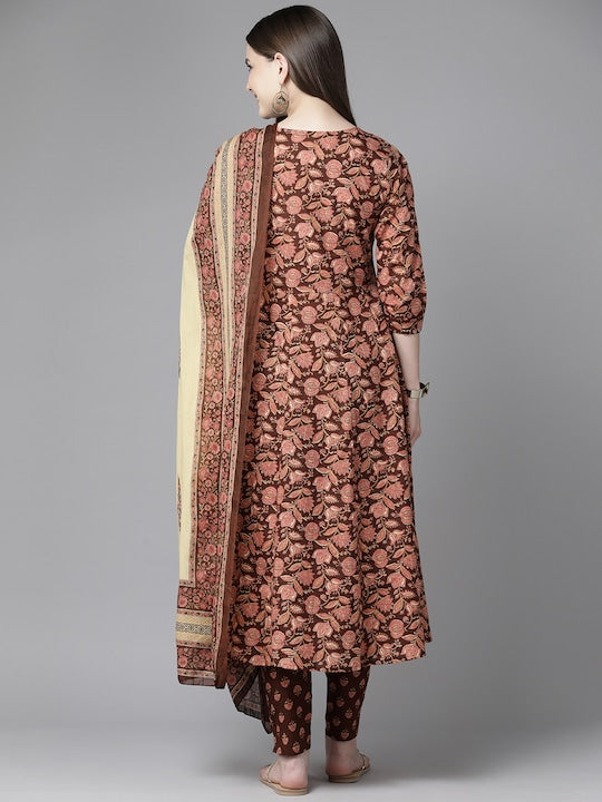 Yufta Floral Printed Regular Sequinned Pure Cotton Kurta with Trousers & Dupatta