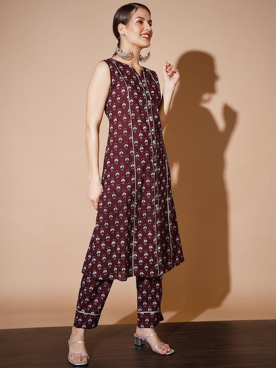 Myshka Ethnic Printed Regular Gotta Patti Pure Cotton Kurta With Trousers