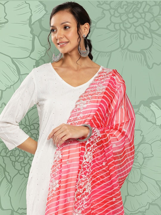 Yufta Women Self Design Sequinned Regular Pure Cotton Kurta with Trousers & With Dupatta