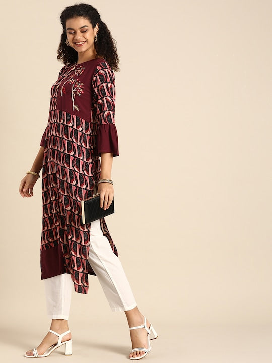 Sangria Women Burgundy & Peach-Coloured Geometric Embroidered Bell Sleeves Kurta