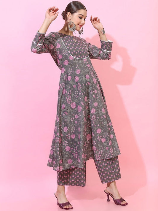 Vishudh Women Grey Floral Printed Pure Cotton Kurta with Palazzos & Dupatta