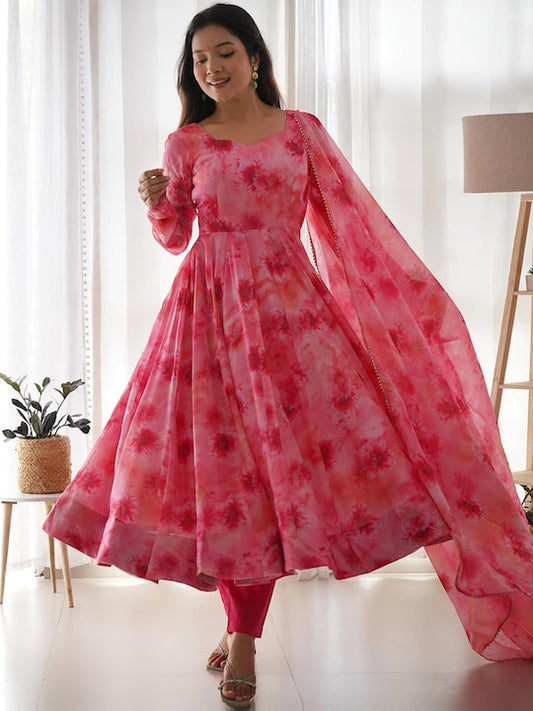 Fusionic Floral Printed V-Neck Anarkali Silk Kurta With Trousers & Dupatta