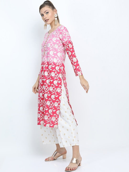 Vishudh Women Pink & White Floral Printed Kurta Palazzos & Dupatta