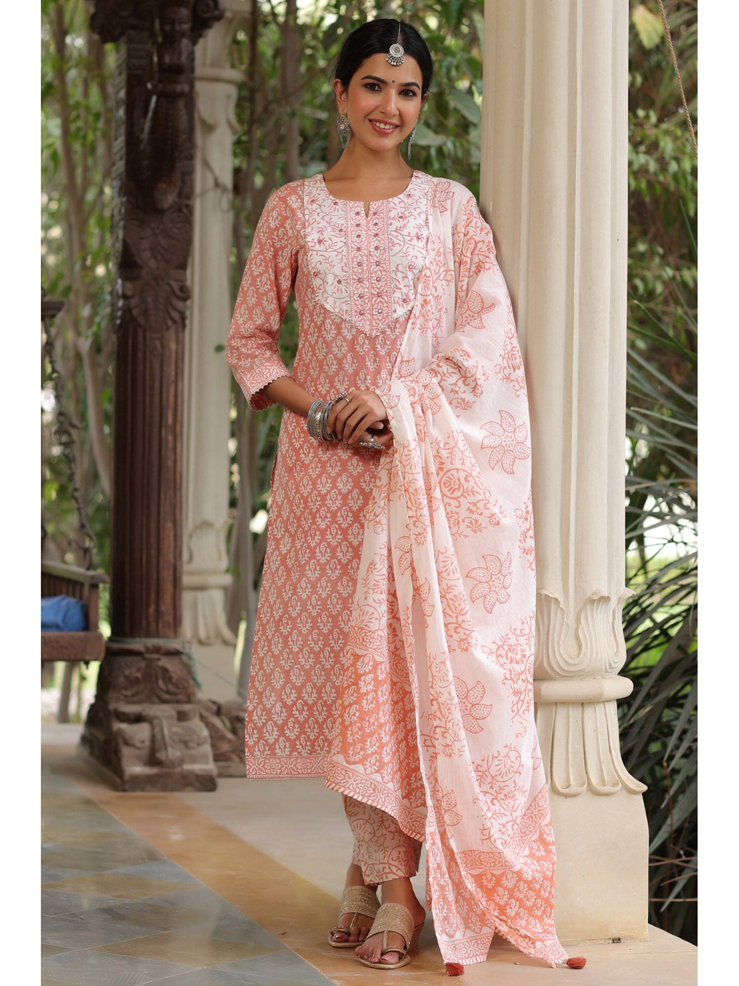 PIROH Womens Floral Print Kurta Pant Mulmul Dupatta Set (Set of 3)