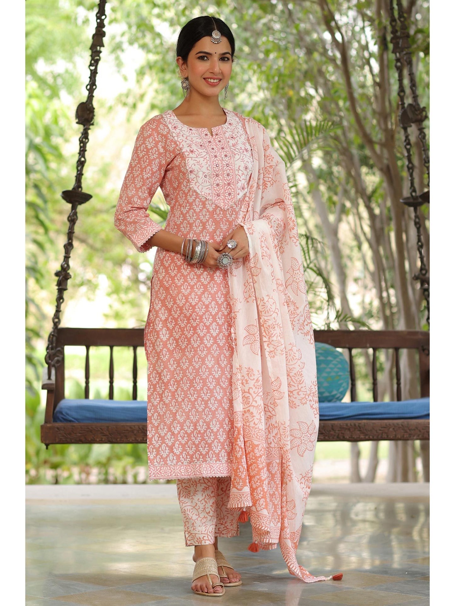 PIROH Womens Floral Print Kurta Pant Mulmul Dupatta Set (Set of 3)