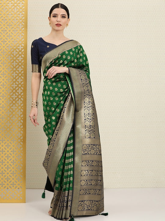 House of Pataudi Green & Blue Ethnic Motifs Zari Silk Blend Banarasi Saree