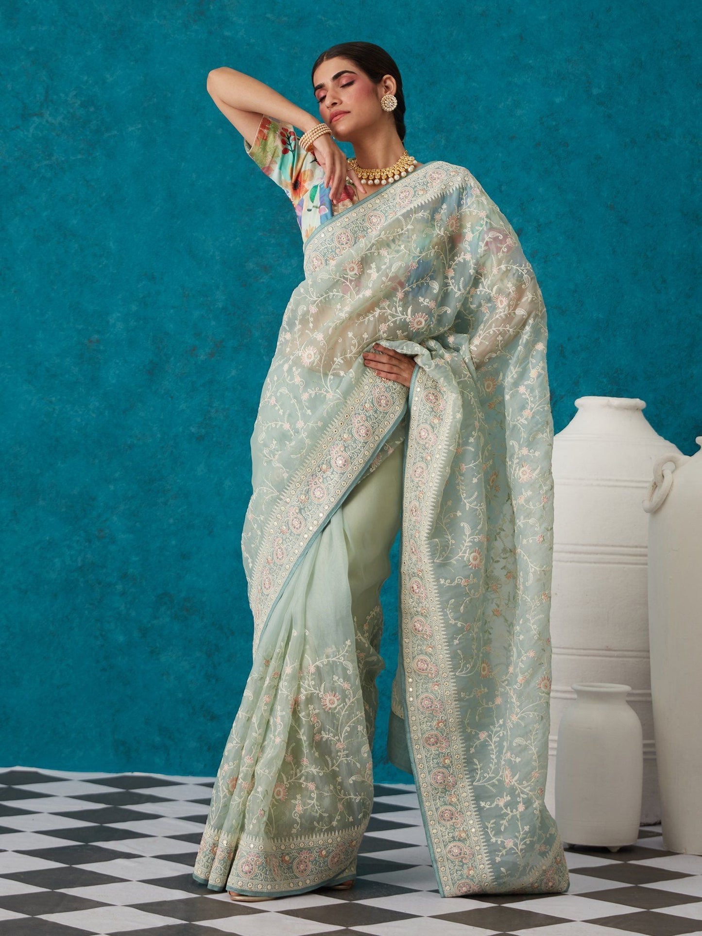 Likha Green Georgette Embroidered & Sequined Saree with Unstitched Blouse LIKSAR20 (Free Size)