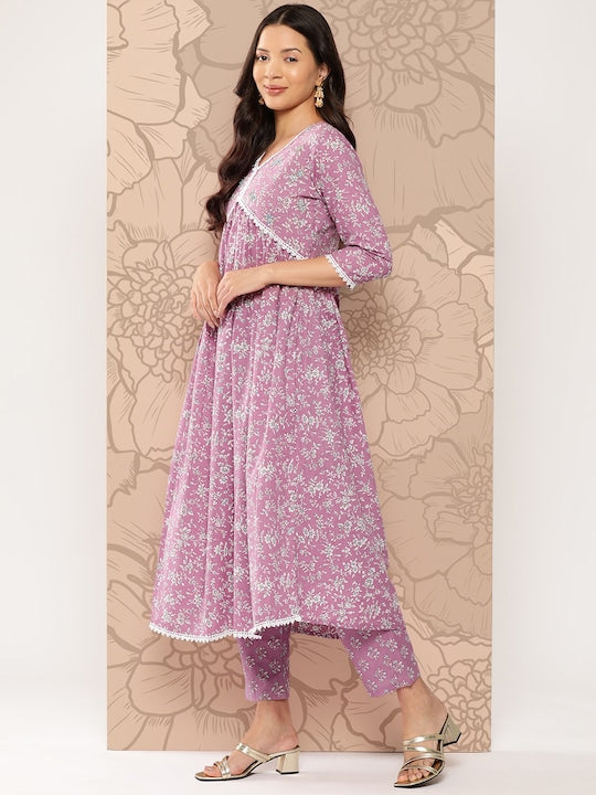 Yufta Women Floral Printed Regular Pure Cotton Kurta with Trousers & With Dupatta
