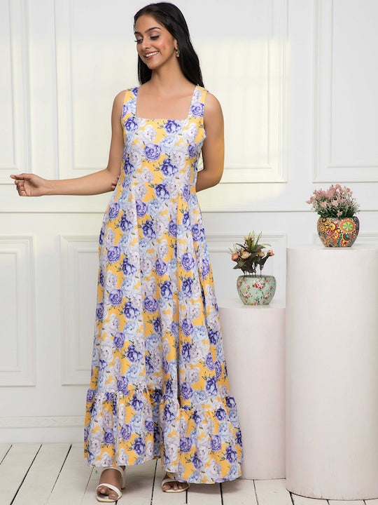 Myshka Floral Printed Square Neck Sleeveless A-Line Dress