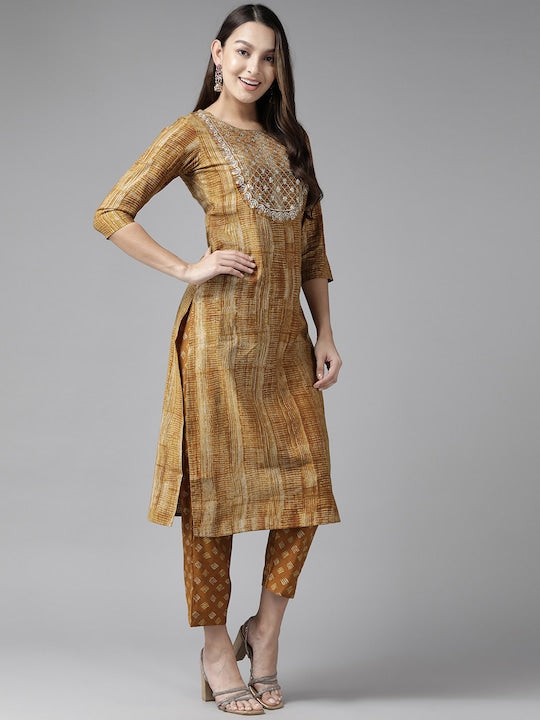 Yufta Women Mustard Yellow Embroidered Sequinned Kurta with Trousers & Dupatta
