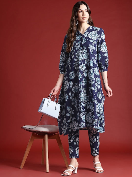 All about you Floral Print Pleated Pure Cotton Kurta with Trousers