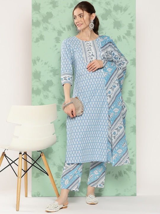 Yufta Ethnic Motifs Printed Gotta Patti Pure Cotton Kurta With Trousers & With Dupatta