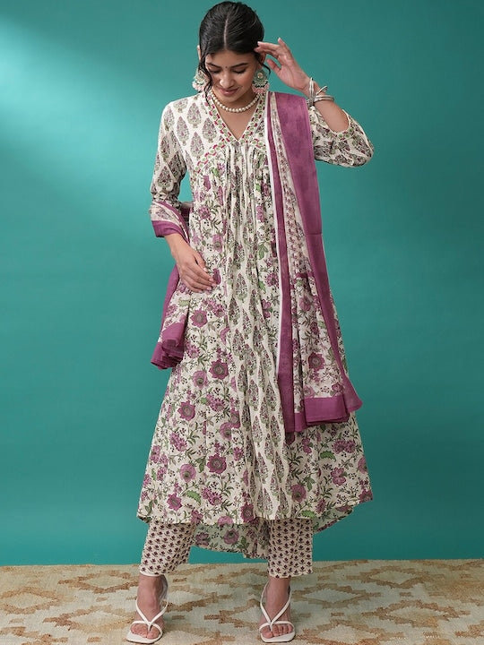 Vishudh Floral Printed Empire Anarkali Kurta with Trousers & Dupatta