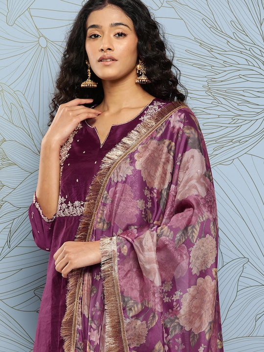 Varanga Yoke Design Regular Chanderi Silk Kurta with Trousers & With Dupatta