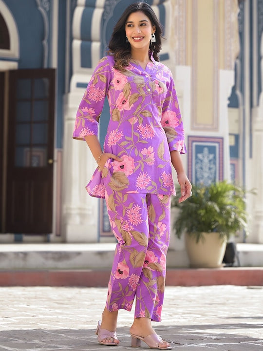 Varanga Floral Printed Pure Cotton Tunic With Trouser Co-Ords