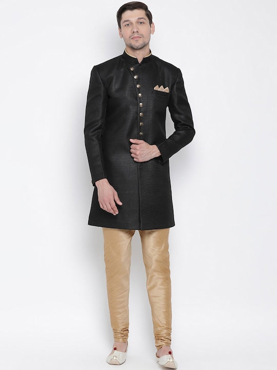 Vastramay Men Black & Rose Gold Angrakha Style Sherwani Set