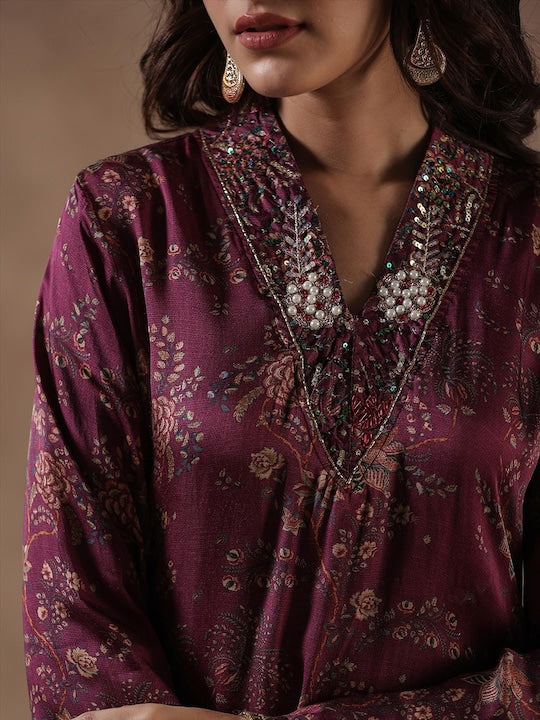 Scakhi Floral Printed Regular Sequinned Satin Kurta with Palazzos