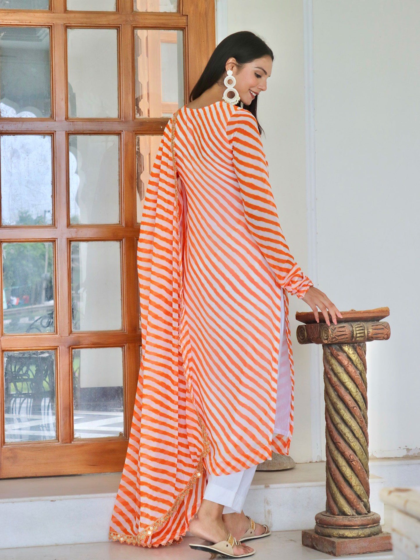 ONEWE INDIA Marigold Leheriya Suit Set (Set of 3) - Orange