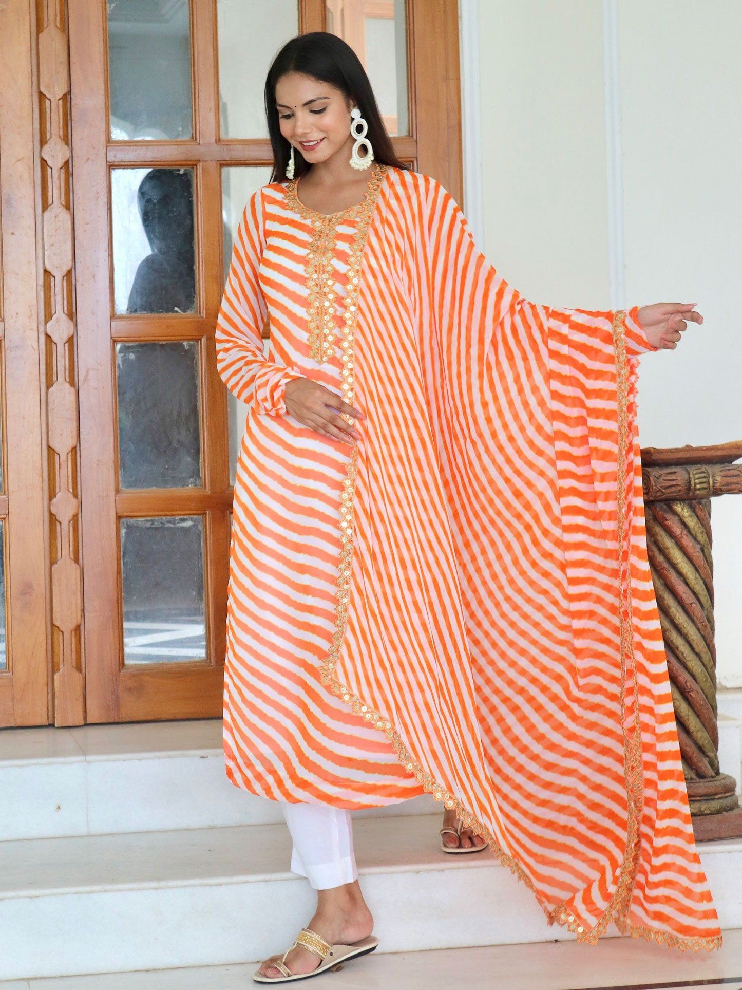 ONEWE INDIA Marigold Leheriya Suit Set (Set of 3) - Orange