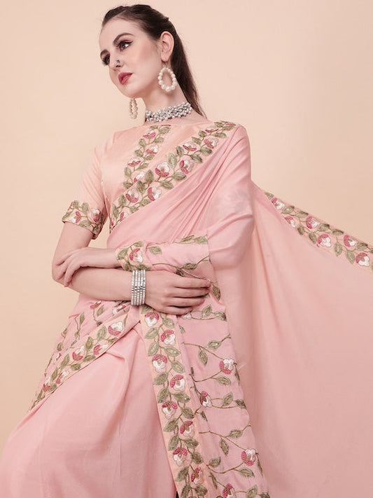 Sangria Rose & Green Batik Embroidered Silk Blend Saree