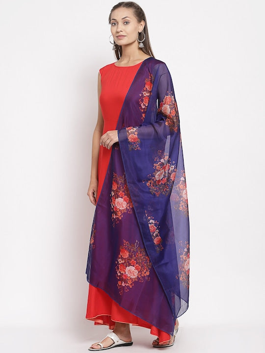 Myshka Women Red & Blue Kurta With Printed Dupatta - L