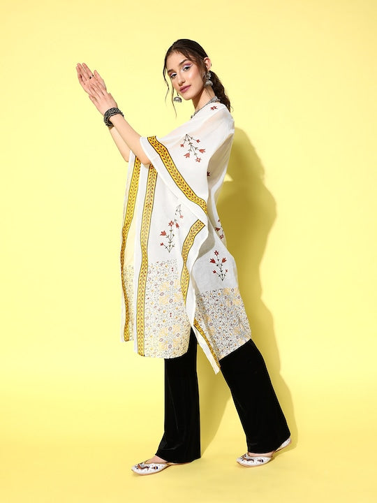 Yufta Floral Printed Flared Sleeves Sequinned Kaftan Kurta