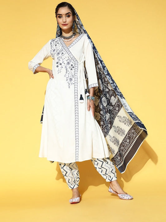 Yufta Women White & Navy Blue Floral Yoke Design Angrakha Thread Work Kurta Set & Dupatta