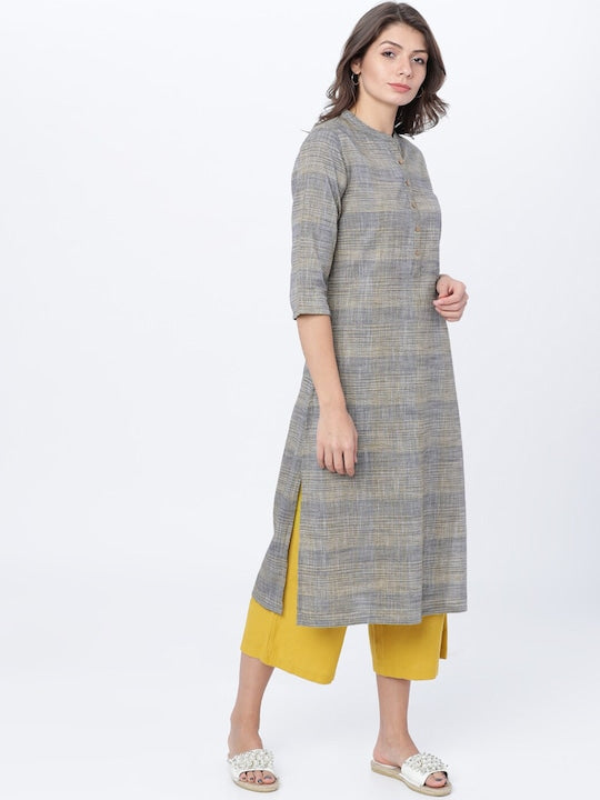 Vishudh Women Grey & Yellow Striped Straight Kurta