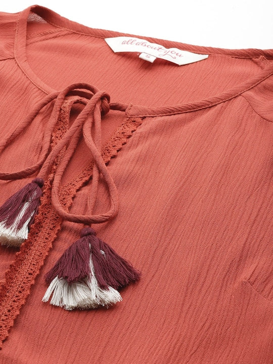 All about you Solid Tie-Up Neckline Fit & Flare Dress