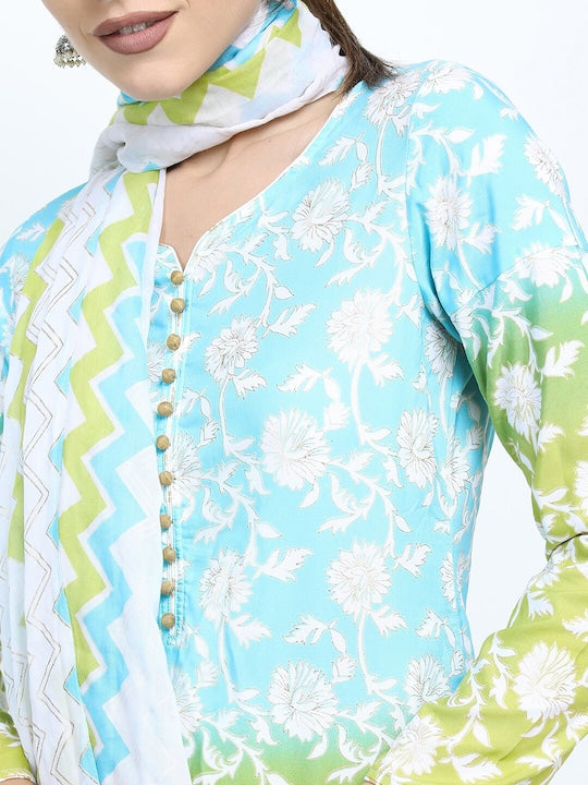 Vishudh Women Blue Floral Printed Kurta with Palazzos & With Dupatta