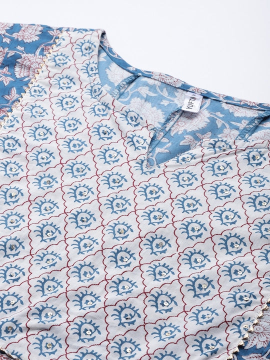 Yufta Women Blue Ethnic Motifs Printed Printed Pure Cotton Kurta with Trousers & Dupatta